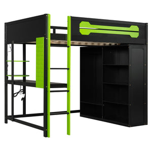 English Elm Full Size Gaming Loft Bed with Rgb Lighting Integrated Desk and Open Wardrobe Green N820S00073F