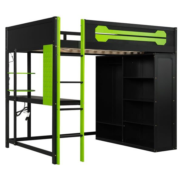 English Elm Full Size Gaming Loft Bed with Rgb Lighting Integrated Desk and Open Wardrobe Green N820S00073F