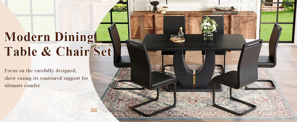 English Elm Black Wood Grain Rectangular Dining Set Seats 6 with Pu Leather Chairs Modern Style W1151S04440