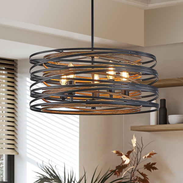English Elm 20" Rustic Industrial Pendant Light—5-Light Black & Walnut Metal Cage Chandelier with Wood Accents for Kitchen Island and Dining Room W2312P368684