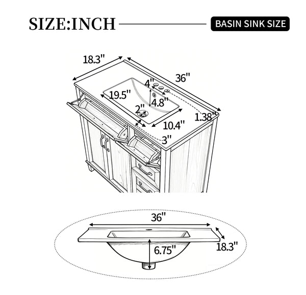 English Elm [video] 36 Inch Freestanding Bathroom Vanity with Ceramic Sink and Soft Close Storage N759P395344N