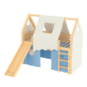 English Elm Twin Pine Loft Bed with House Frame Tent Led Lights Slide and Floor Space Below W1580S00290