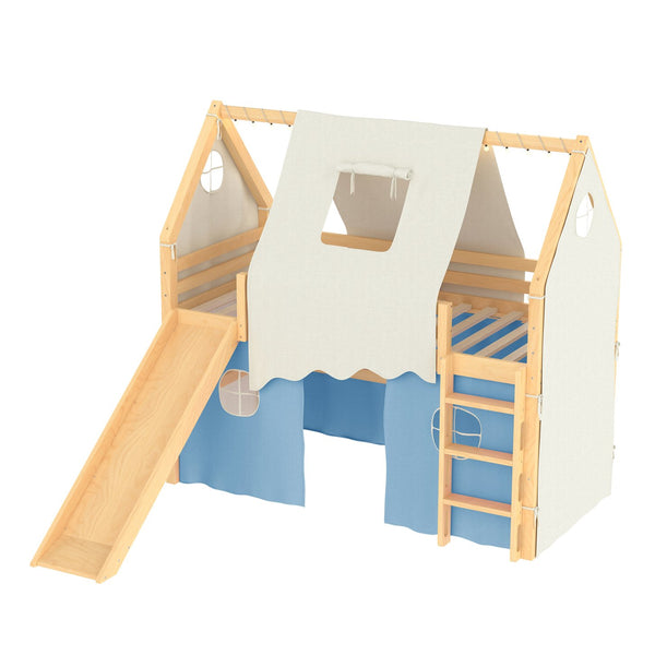 English Elm Twin Pine Loft Bed with House Frame Tent Led Lights Slide and Floor Space Below W1580S00290