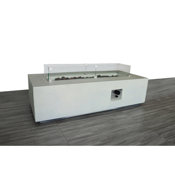 English Elm Rectangular Fiber-Reinforced Concrete Propane Fire Pit Table, 56" Modern White Stone 60,000 BTU B120S00123