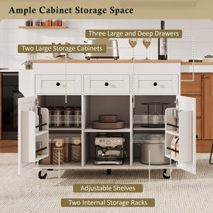 English Elm K&k Rolling Kitchen Island with Extendable Table Open Shelving and Built-in Power Outlet White N707P360278W