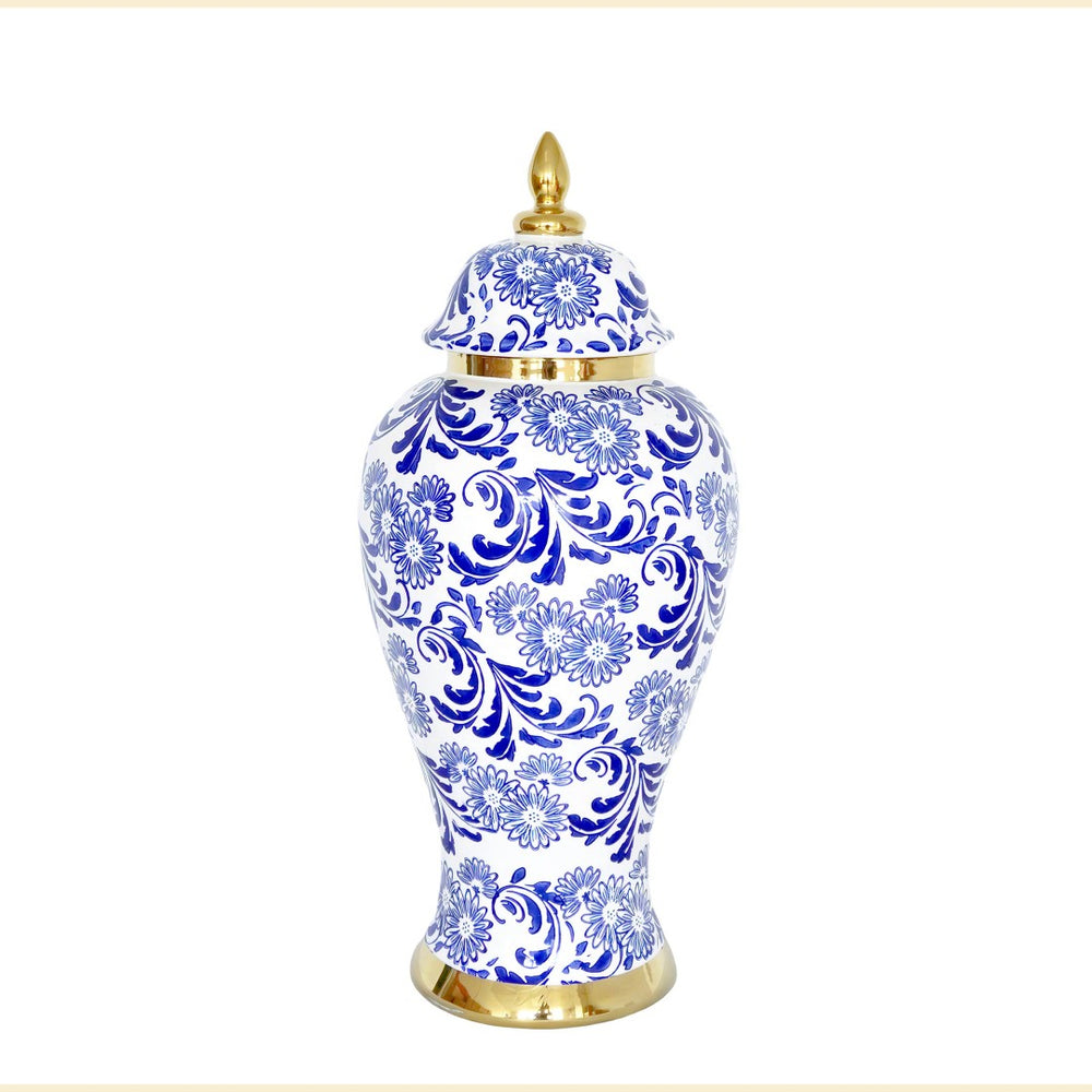 English Elm White Ceramic Ginger Jar Vase With Removable Lid, Blue & Gold Accents For Elegant Home Décor B030P243615-GIGA