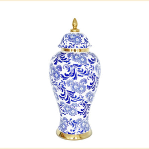 English Elm White Ceramic Ginger Jar Vase With Removable Lid, Blue & Gold Accents For Elegant Home Décor B030P243615-GIGA