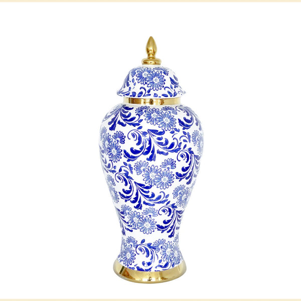 English Elm White Ceramic Ginger Jar Vase With Blue Gold Accents, Removable Lid For Modern Décor Centerpieces B030P243616-GIGA