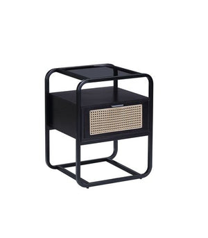 English Elm Colson Tempered Glass Accent Table with Rattan Insert and Metal Frame, Drawer Storage, Modern Design Black 28 L x 23 W x 13 H B2726P287579