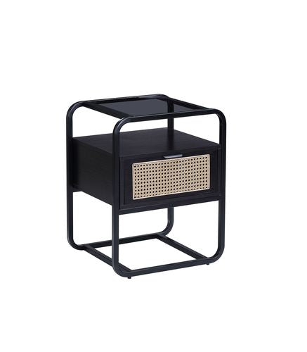 English Elm Colson Tempered Glass Accent Table with Rattan Insert and Metal Frame, Drawer Storage, Modern Design Black 28 L x 23 W x 13 H B2726P287579