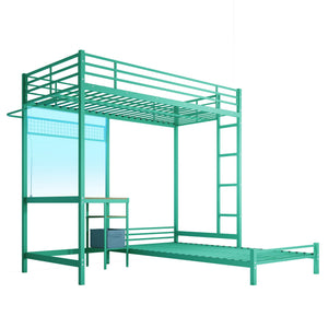 English Elm Bunk Bed Twin Over L-shaped Metal Frame with Desk Storage Shelves and Drawers W3752S00007