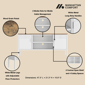 English Elm Landen 47" Metal Storage Cabinet with Wood Top and Cable Management — Sleek Industrial TV Console, Adjustable Legs White B365P397849
