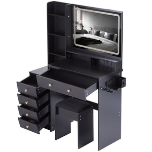 English Elm 41" Large Vanity Table Set With Cushioned Stool, Led Touch Mirror, Power Station & Dryer Stand W936P230831
