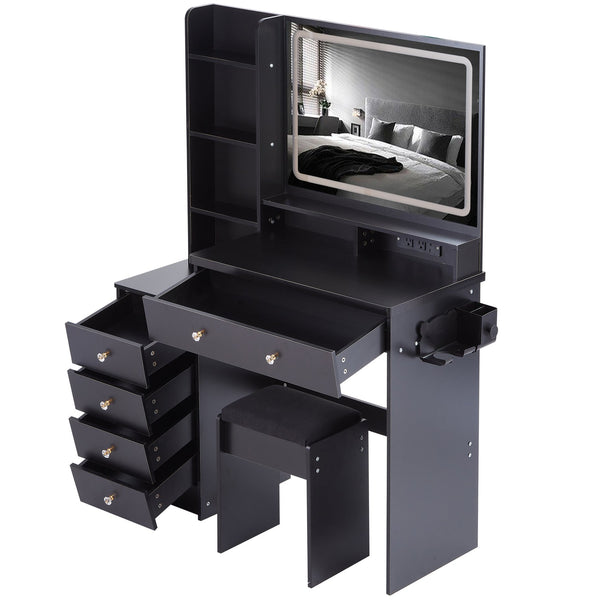 English Elm 41" Large Vanity Table Set With Cushioned Stool, Led Touch Mirror, Power Station & Dryer Stand W936P230831