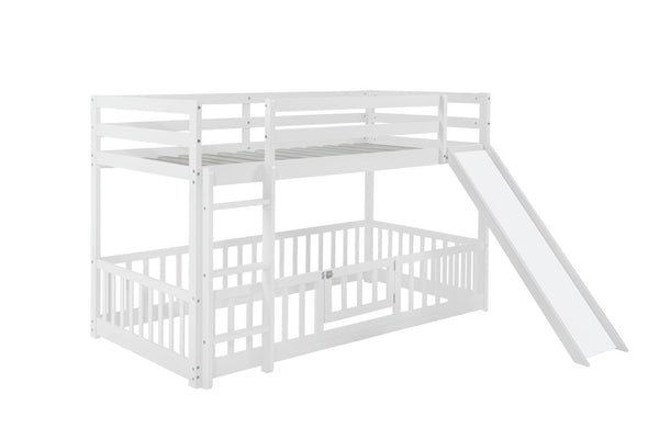 English Elm Twin Over Twin Floor Bunk Bed With Slide & Ladder - Solid Pine Wood, White Finish, Safe & Fun Design! W504S00190-GIGA