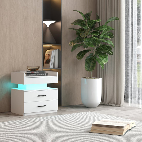 English Elm 1 Nightstand with Remote LED Strip Light, Two Drawers and Spacious Storage for Cozy Ambient Bedrooms White W368P239008