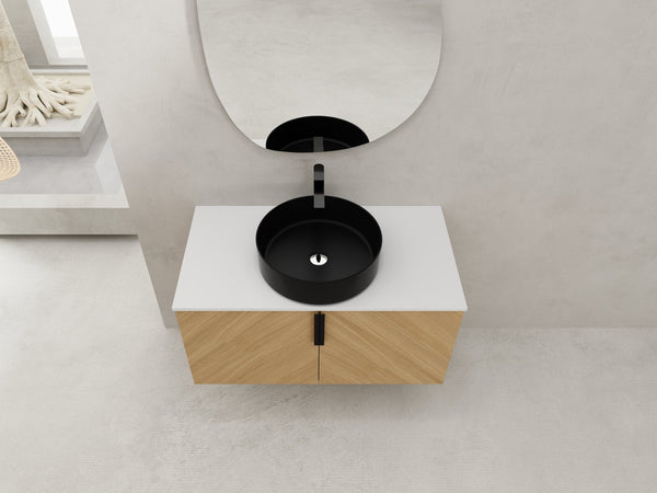 English Elm 36" Bathroom Vanity With Ceramic Vessel Sink & White Stone Top - Modern Wall-Mounted Design, Soft-Close Doors W999S00449