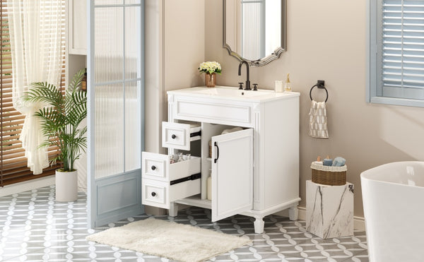 English Elm 30" French-Inspired Bathroom Vanity With Ceramic Sink & Dual Drawers - Elegant Storage Solution! N710P323328K