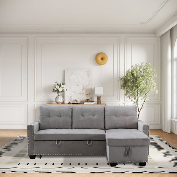 English Elm 77 Reversible 77 Inch Sectional Storage Sleeper Sofa Bed with Pull-Out Guest Bed, Velvet Plush Seating LIGHT GREY W120343142