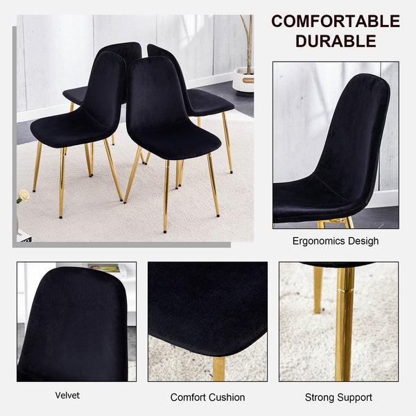 English Elm A set of 6 dining chairs Black velvet with gold legs, modern medieval spoon‑shaped cushioned side seats, easy assemble W1512P406621