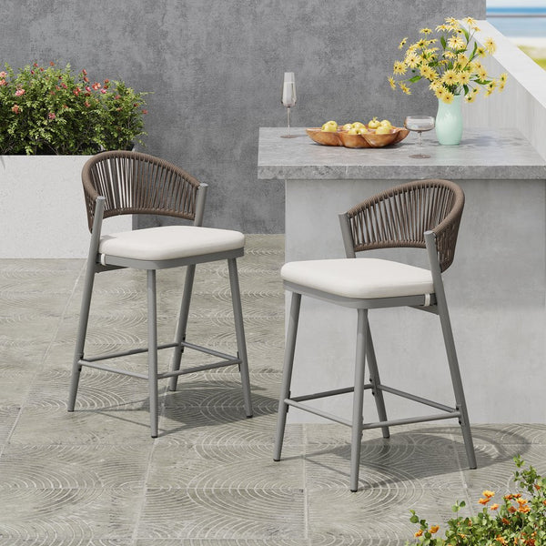 English Elm Christopher Knight Home® - Outdoor 26" Height Metal Frame Counter Stools Set Of 2 With Rattan Backrest & Cushions, Matte Grey N772P245123G