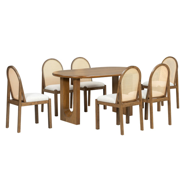 English Elm Trexm Farmhouse Oval Dining Set Seats Six with Rattan Back Chairs Oak Veneer Table Beige,Light Brown ST000157AAP