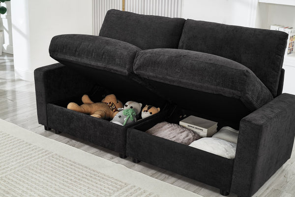 English Elm 72.05" L-shaped Sectional Sofa Cloud Cushion Polyester with Storage Ottoman Small Space Black W1669S00053