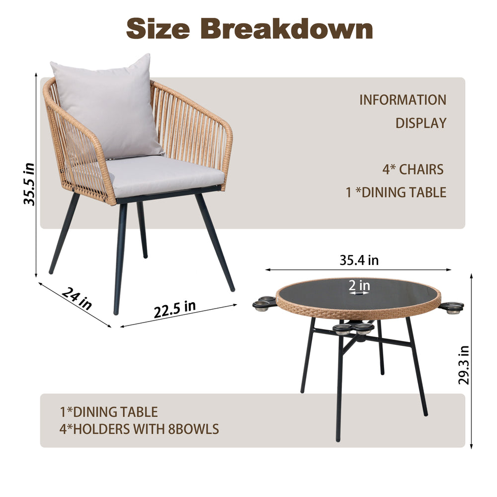 English Elm 5-piece Outdoor Wicker Dining Set with Round Glass Table and Cushioned Rattan Chairs Gray T5880S00012