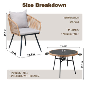 English Elm 5-piece Outdoor Wicker Dining Set with Round Glass Table and Cushioned Rattan Chairs Gray T5880S00012