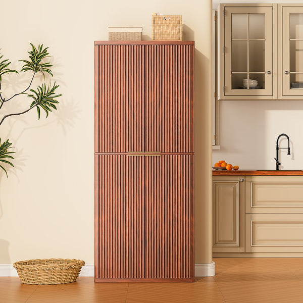 English Elm 72" Fluted Pantry Cabinet Tall Freestanding Kitchen Organizer with Sculpted Wood Doors Walnut W1820P379273