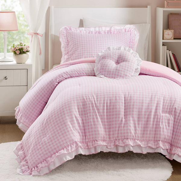 English Elm 3-piece Cottage Gingham Comforter Set with Ruffle Trim and Round Throw Pillow Pink B035P463187