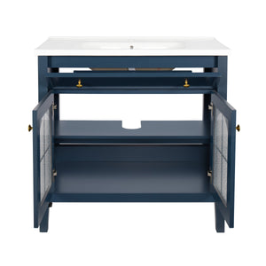 English Elm 35.6" Freestanding Bathroom Vanity with Roman Column Base and Ceramic Integrated Sink Blue W1801S00013