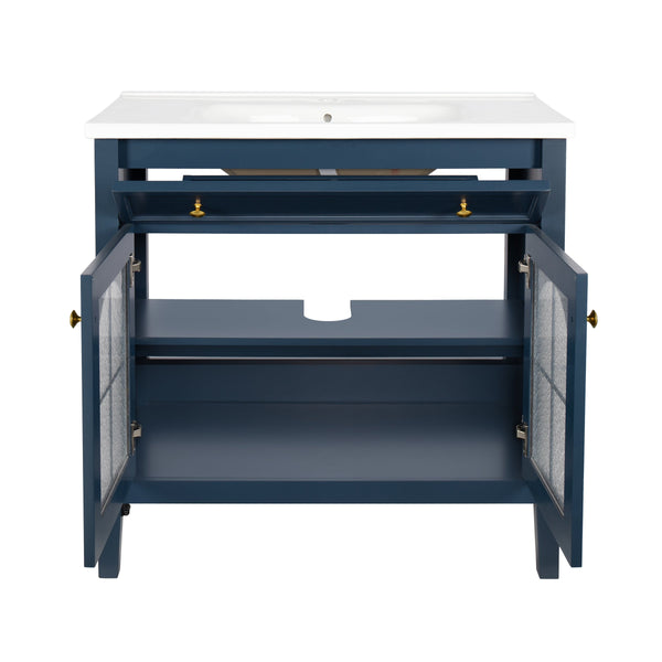 English Elm 35.6" Freestanding Bathroom Vanity with Roman Column Base and Ceramic Integrated Sink Blue W1801S00013