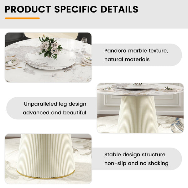 English Elm 53.15 Modern Round Dining Table With Rotating Turntable - Elegant White Sintered Stone For 6 People W1535S00452