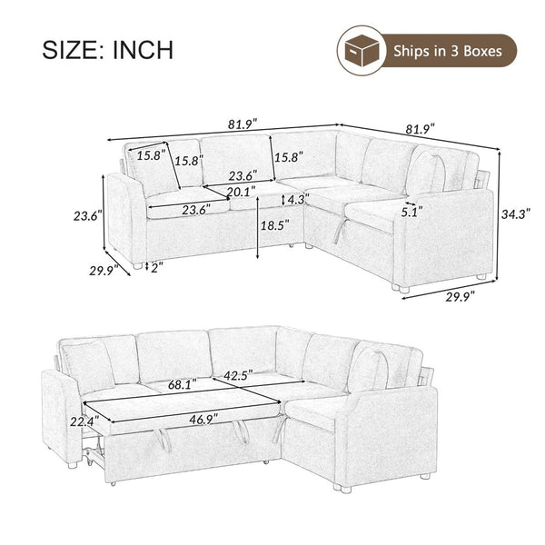 English Elm Sectional Sofa Bed - Versatile L-Shaped Chenille Sofa With Sleeper, Hidden Storage & Pillows, Gray N719S002070E-GIGA