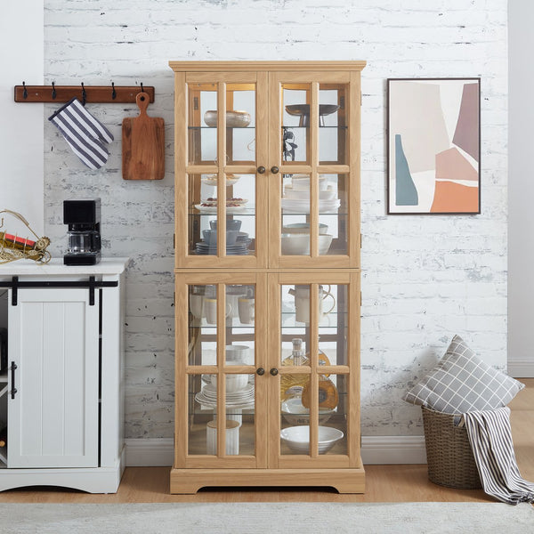 English Elm Curio Clear Glass Display Cabinet with Lattice Doors, Adjustable Shelves, E26 Bulb Included, Vintage Chic Oak W2275P231686