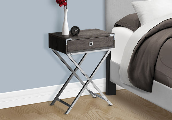 English Elm Accent Rectangular Side Table with Drawer and Chrome X-Leg Base, Modern Retro Nightstand for Living Room Bedroom taupe 25 L x 21 W x 5 H B2710P219333