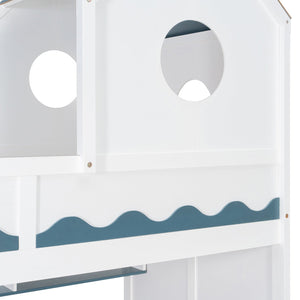 English Elm Twin Over Kids Bunk Bed with Castle Roofline Led Lights and Staircase Storage White N820S00068K