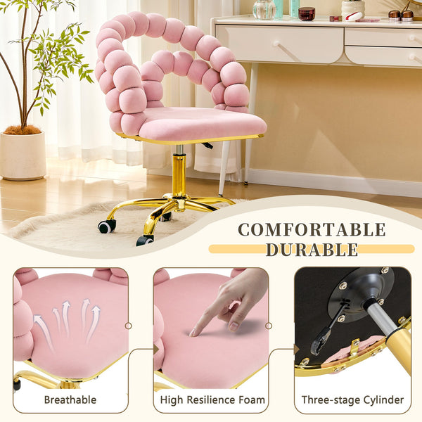 English Elm Pink Velvet Bubble Swivel Chair Gold Base Adjustable Glam Seat for Vanity Office W3875P446136