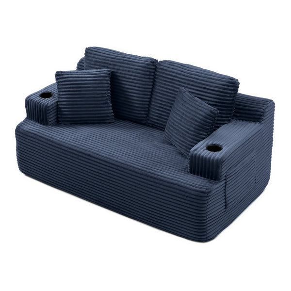 English Elm Boneless Floor Sofa Corduroy Upholstered 5 Seat Low Profile with Cup Holders for Living Room Blue W1117S00433