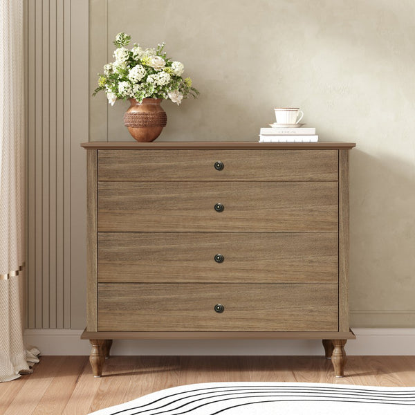 English Elm Large Antique Style 4-drawer Chest with Crown Molding Roman Legs Bedroom Storage Natural & Light Brown,Rustic Brown W1445P422421