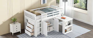 English Elm Twin Loft Bed Rubberwood Frame Pull Out Desk Storage Cabinet and Shelf Kids Room White W504S00288
