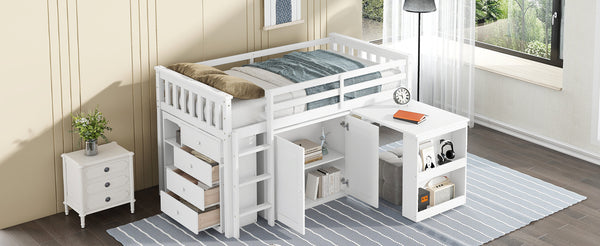 English Elm Twin Loft Bed Rubberwood Frame Pull Out Desk Storage Cabinet and Shelf Kids Room White W504S00288