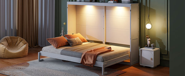 English Elm Queen Murphy Wall Bed with Led Lighting Modern Cabinet Folds Flat for Studio Living White LP100973AAK
