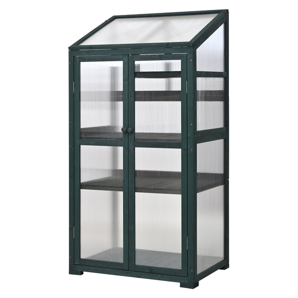English Elm Topmax Fir Wood Portable Greenhouse with Polycarbonate Panels Adjustable Shelves and Casters N717P221494F