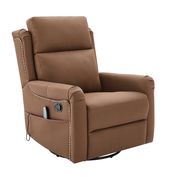 English Elm Modern Swivel Rocker Recliner Pu Leather Chair with Massage Heat and Storage Pocket Brown N763P399629D