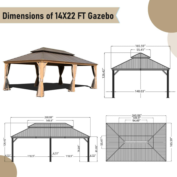 English Elm 14x22FT Hardtop Gazebo Metal Pavilion with Galvanized Double Roof, Aluminum Frame, Gutter, Curtains & Netting Yellow Brown W1859S00106