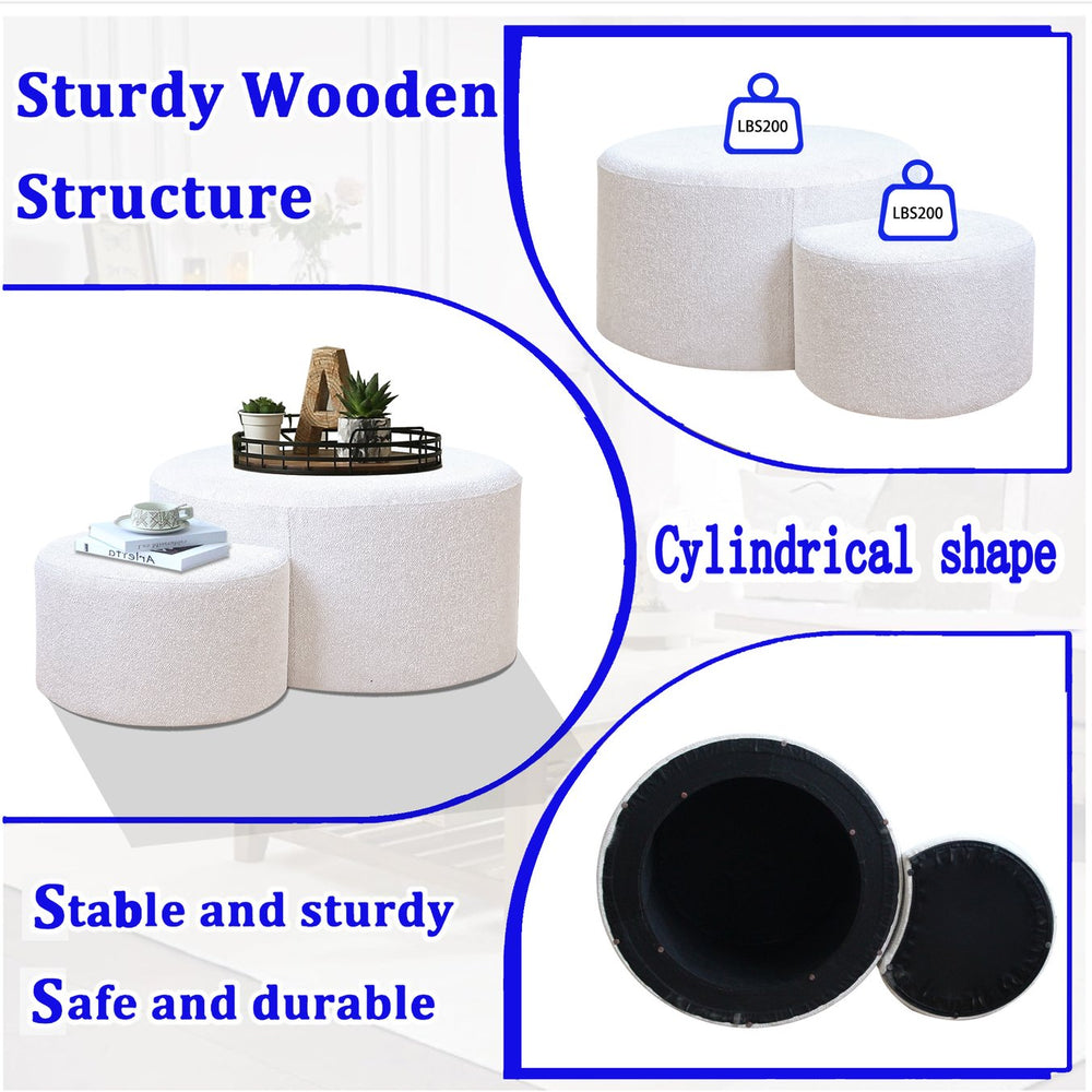 English Elm Upholstered Round Nesting Ottoman Set Beige Yarn Fabric Footrest for Living Room W1435P163393