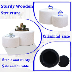 English Elm Upholstered Round Nesting Ottoman Set Beige Yarn Fabric Footrest for Living Room W1435P163393