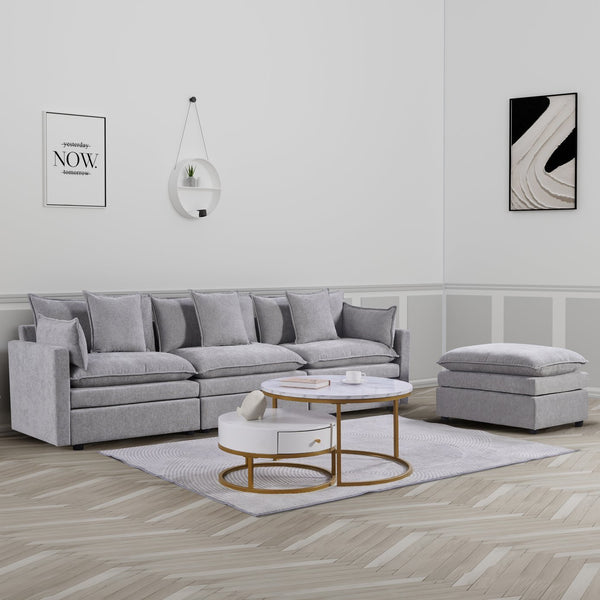 English Elm 108.66"Modern Chenille L-Shaped Sectional Sofa with Convertible Chaise, Solid Wood Frame, Plush Foam Comfort and Ottoman Set for Spacious Living Room Light Gray W1036S00055
